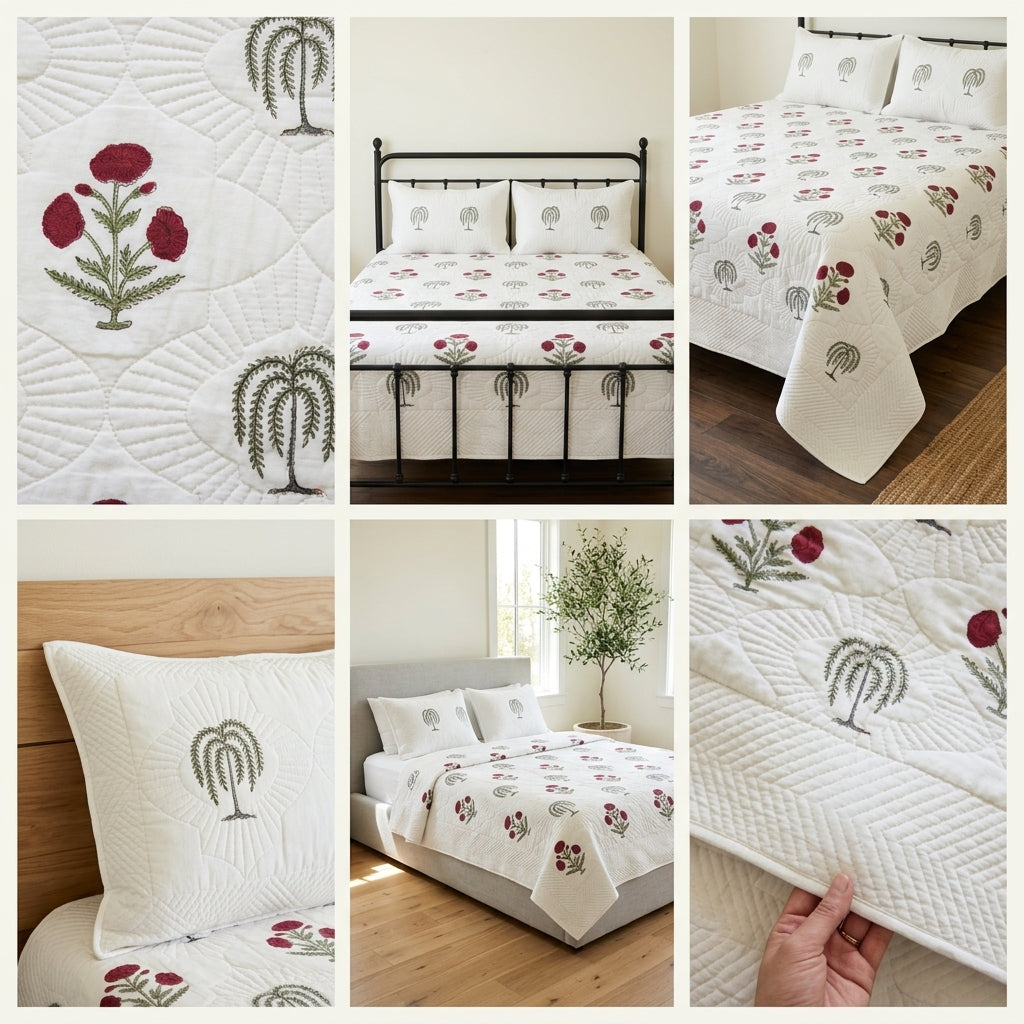 Motif Muslin Quilted Bedcover – 110 * 113 Inch Super King Size Luxury