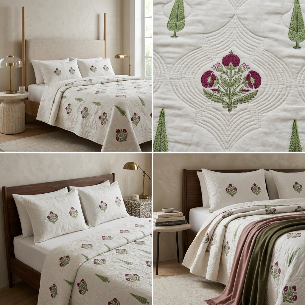 Motif Muslin Quilted Bedcover – 110 * 113 Inch Super King Size Luxury