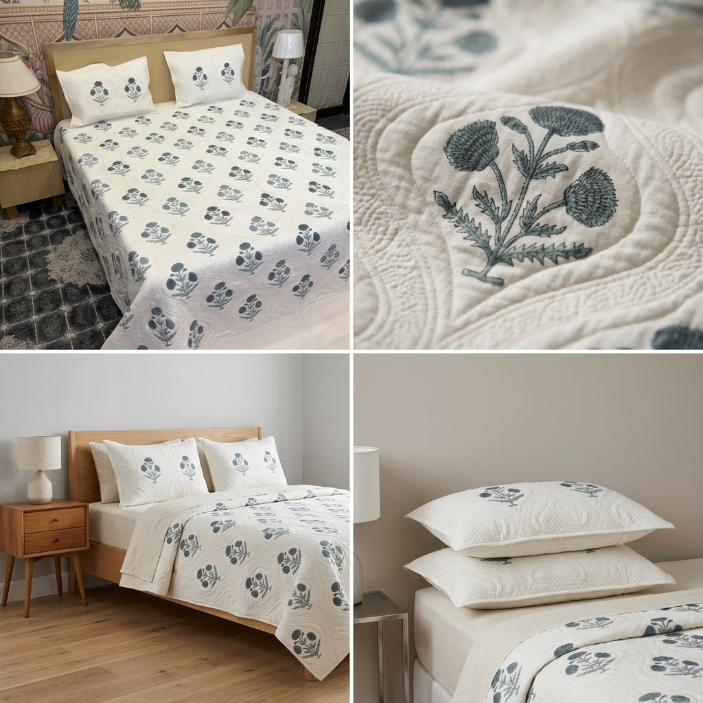 Motif Muslin Quilted Bedcover – 110 * 113 Inch Super King Size Luxury