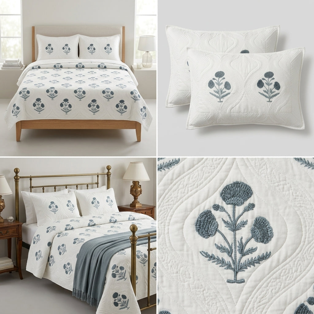 Motif Muslin Quilted Bedcover – 110 * 113 Inch Super King Size Luxury