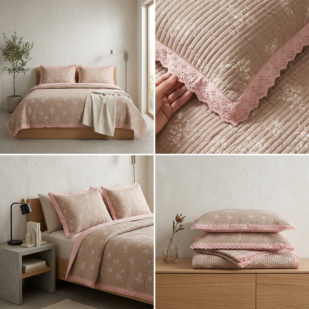 ✨ Crown Weave Quilted Bedcover Set with Elegant Lace Border – 3 Piece Luxury Collection ✨
