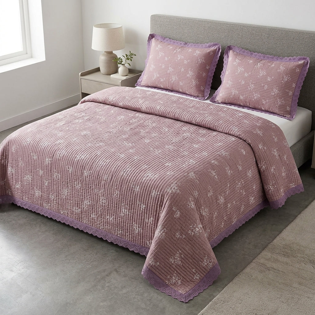 ✨ Crown Weave Quilted Bedcover Set with Elegant Lace Border – 3 Piece Luxury Collection ✨