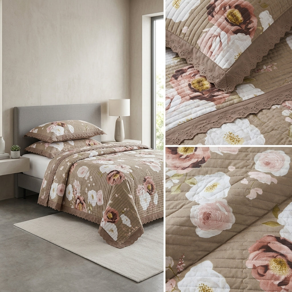 ✨ Crown Weave Quilted Bedcover Set with Elegant Lace Border – 3 Piece Luxury Collection ✨
