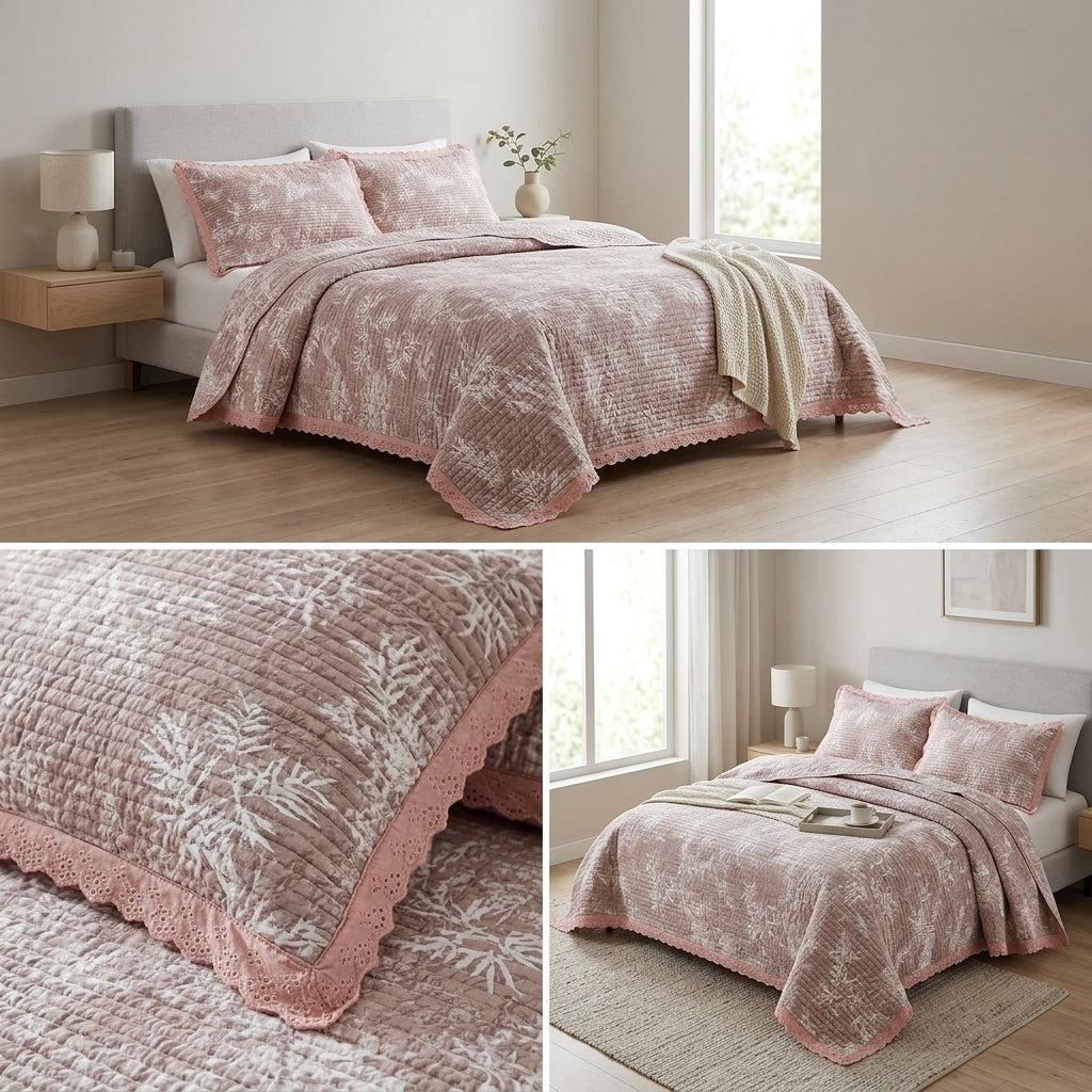 ✨ Crown Weave Quilted Bedcover Set with Elegant Lace Border – 3 Piece Luxury Collection ✨