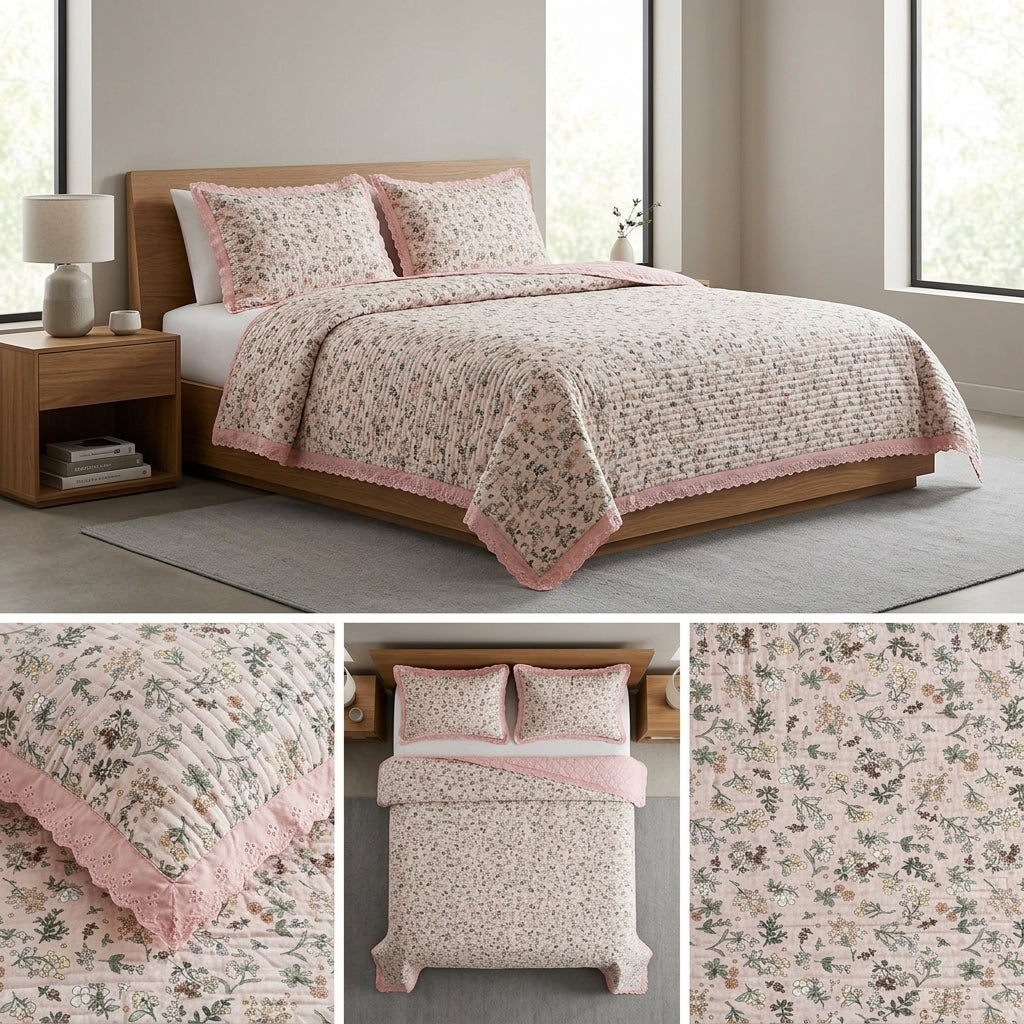✨ Crown Weave Quilted Bedcover Set with Elegant Lace Border – 3 Piece Luxury Collection ✨