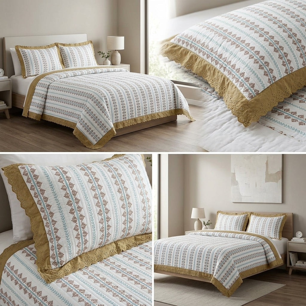 ✨ Crown Weave Quilted Bedcover Set with Elegant Lace Border – 3 Piece Luxury Collection ✨