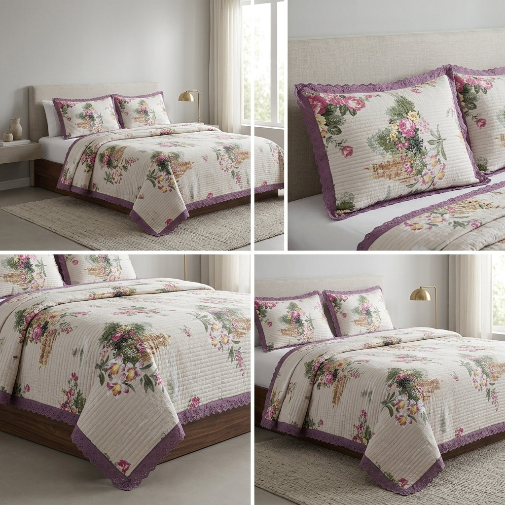 ✨ Crown Weave Quilted Bedcover Set with Elegant Lace Border – 3 Piece Luxury Collection ✨