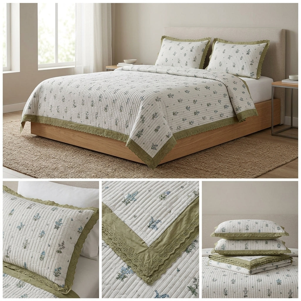 ✨ Crown Weave Quilted Bedcover Set with Elegant Lace Border – 3 Piece Luxury Collection ✨