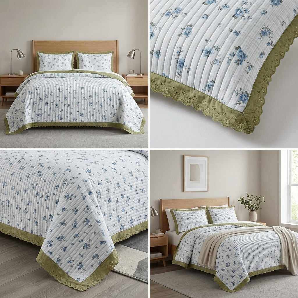 ✨ Crown Weave Quilted Bedcover Set with Elegant Lace Border – 3 Piece Luxury Collection ✨