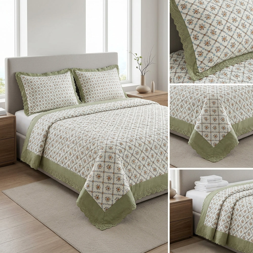 ✨ Crown Weave Quilted Bedcover Set with Elegant Lace Border – 3 Piece Luxury Collection ✨