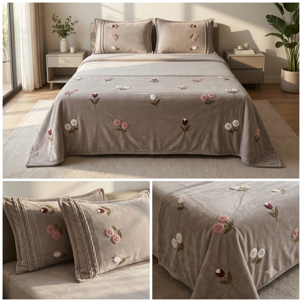 Floral Embroidered Winter Bedsheet Set with Designer Pillow Covers – 3 Pcs