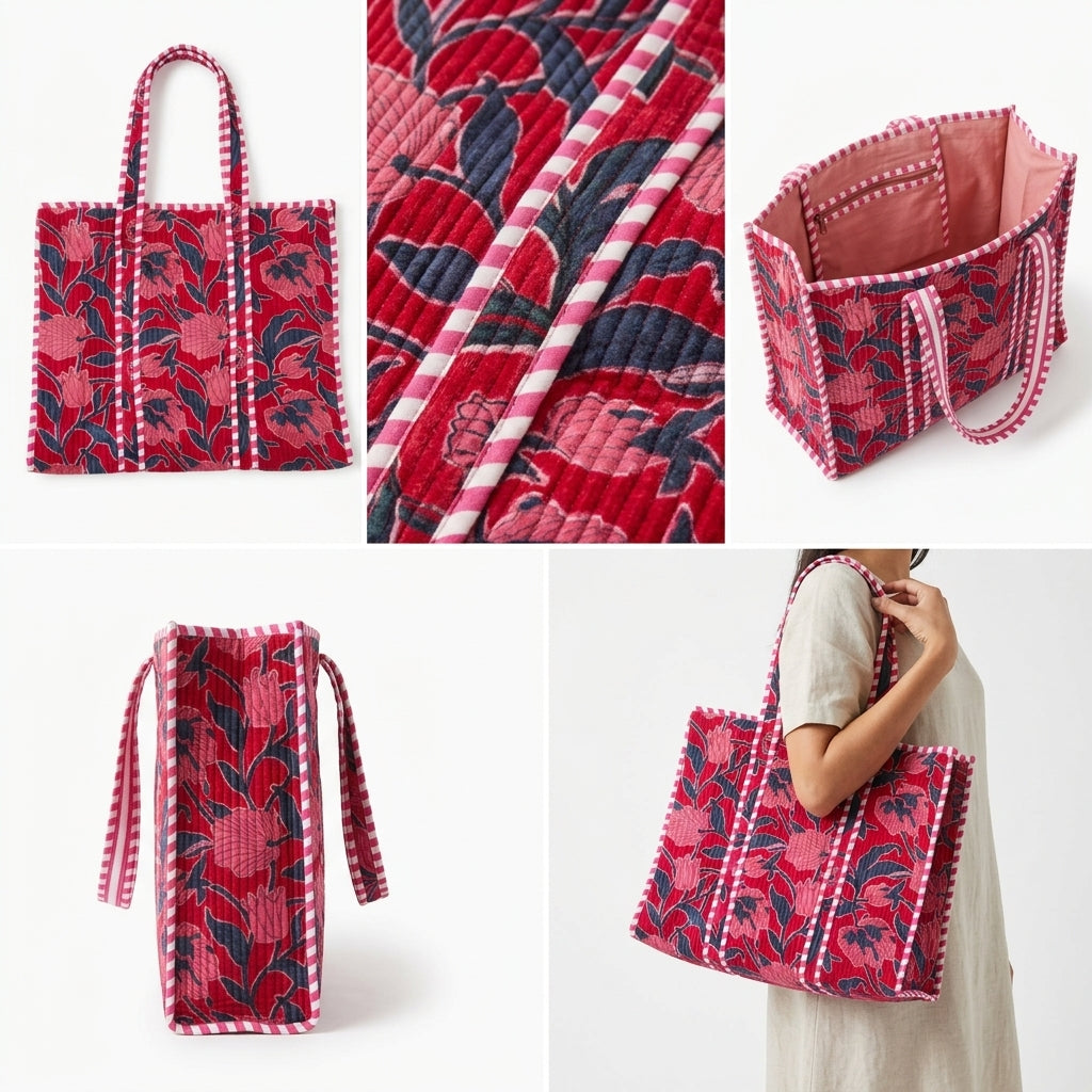 Velvet Quilted Tote Bag – Stylish, Spacious & Reusable