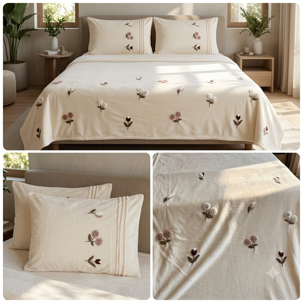 Floral Embroidered Winter Bedsheet Set with Designer Pillow Covers – 3 Pcs