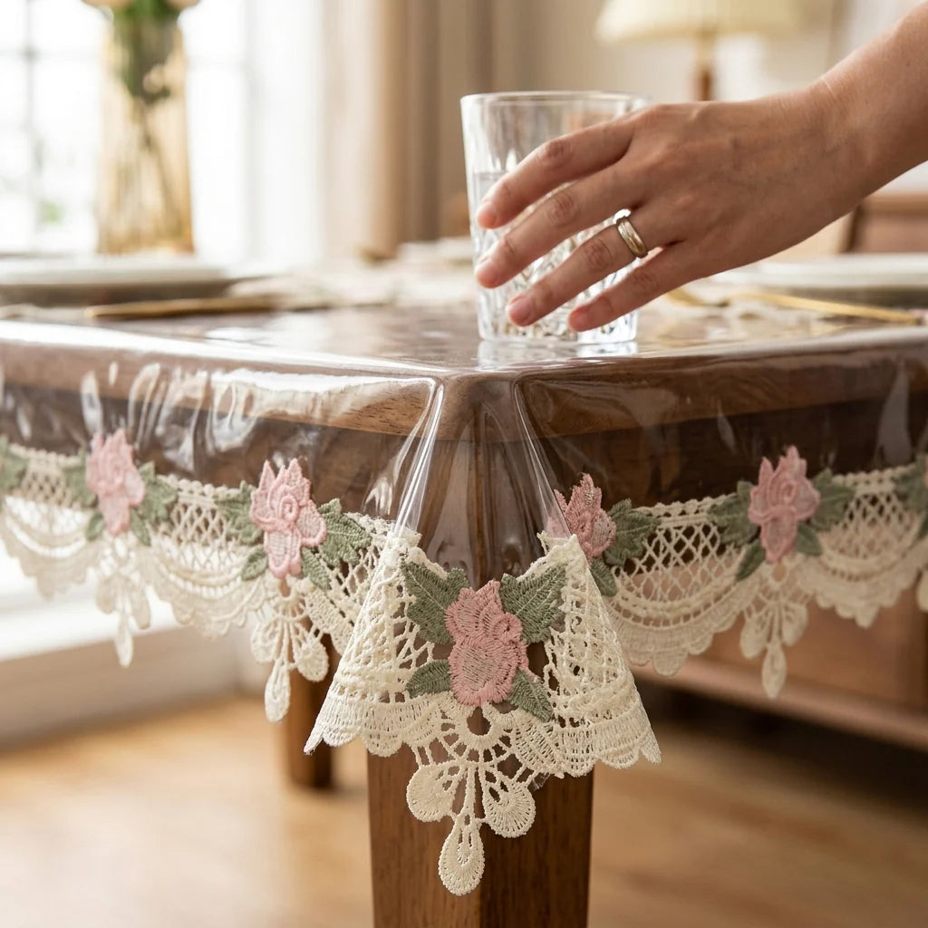 ✨ Transparent French Lace Dining 8 Seater Table Cover – Premium Quality | 60 x 108 Inches ✨