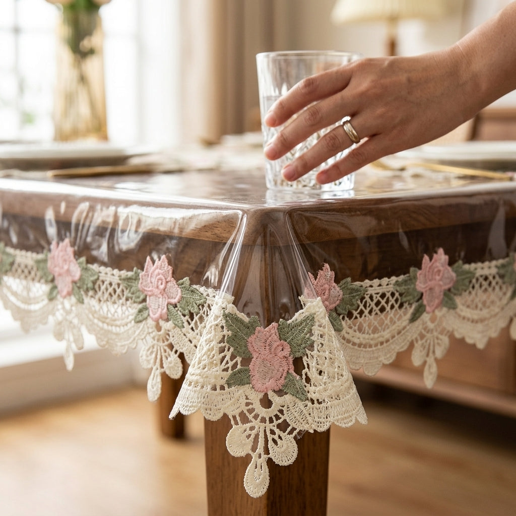 Transparent French Lace Dining 4 Seater Table Cover – Premium Quality