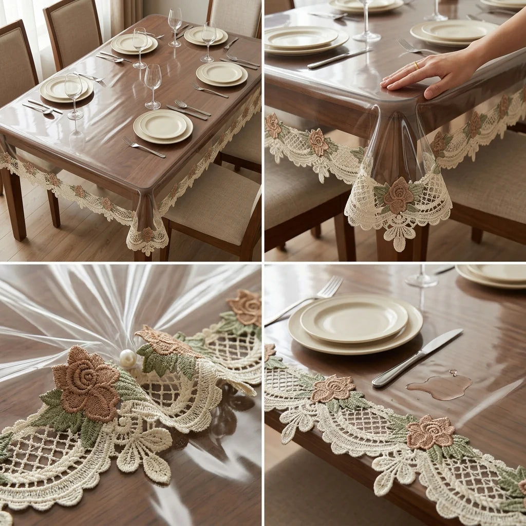 ✨ Transparent French Lace Dining 8 Seater Table Cover – Premium Quality | 60 x 108 Inches ✨