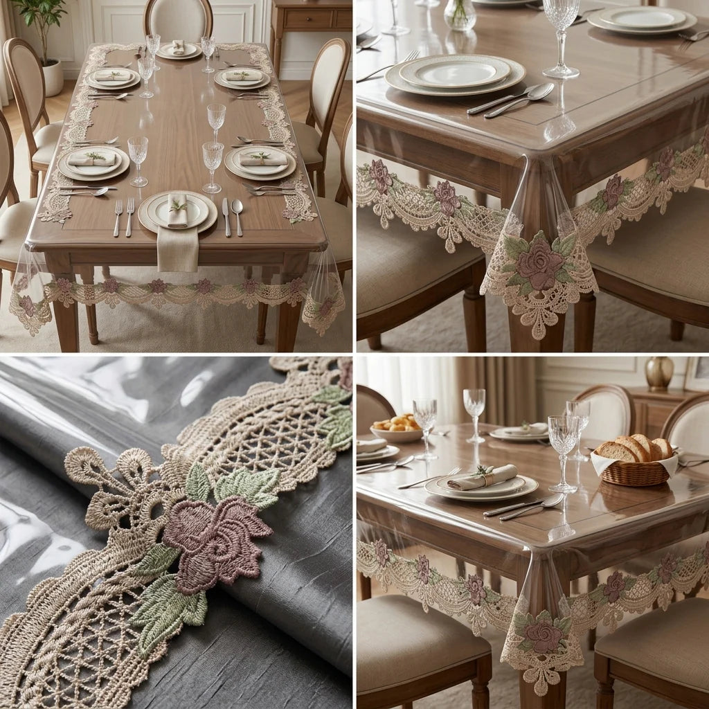 ✨ Transparent French Lace Dining 8 Seater Table Cover – Premium Quality | 60 x 108 Inches ✨