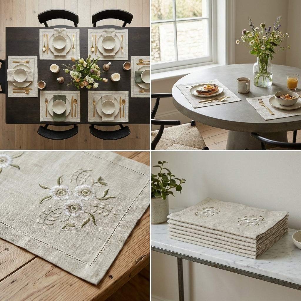 Luxury Embroidered Linen Table Mats – Set of 6