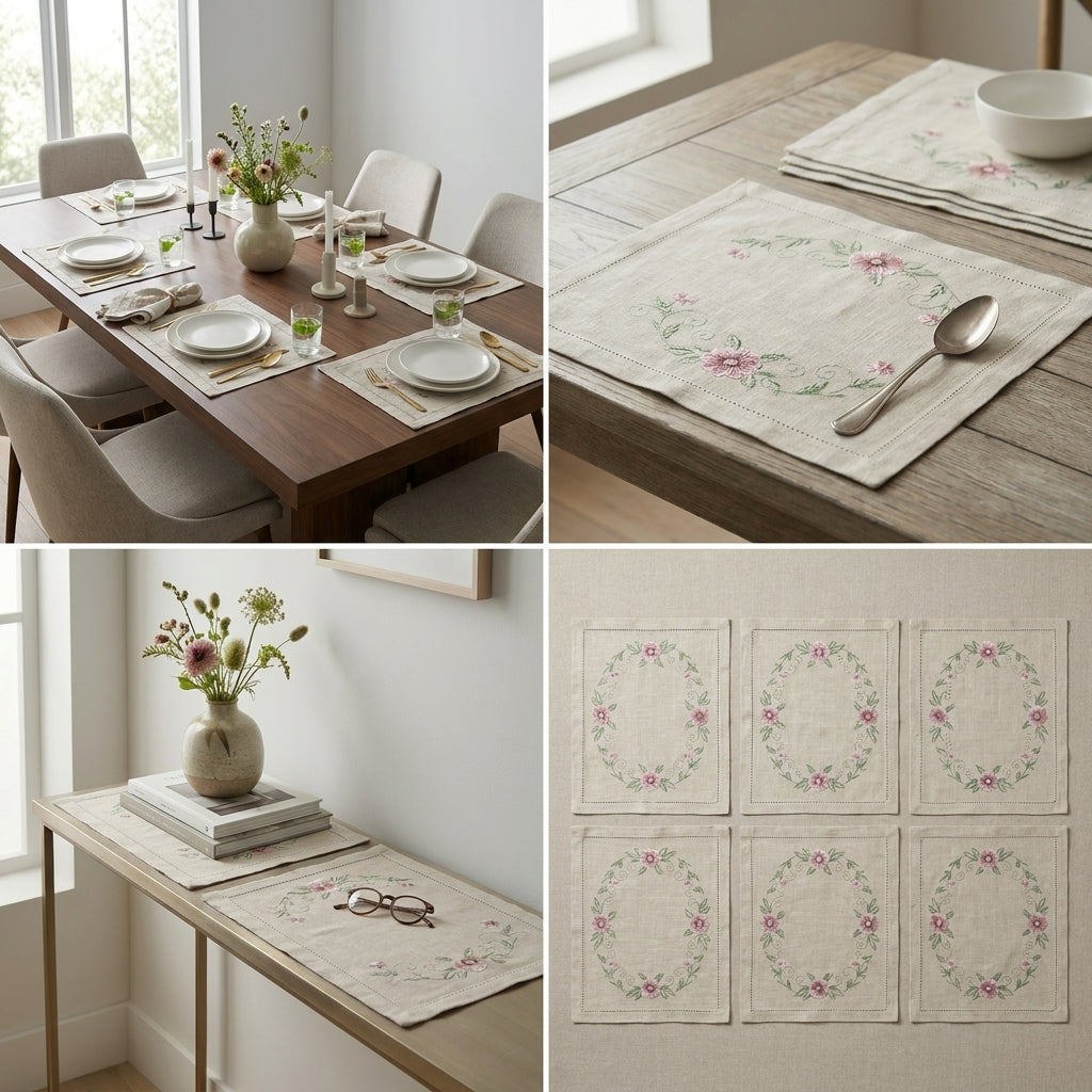 Luxury Embroidered Linen Table Mats – Set of 6