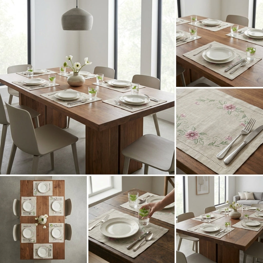 Luxury Embroidered Linen Table Mats – Set of 6