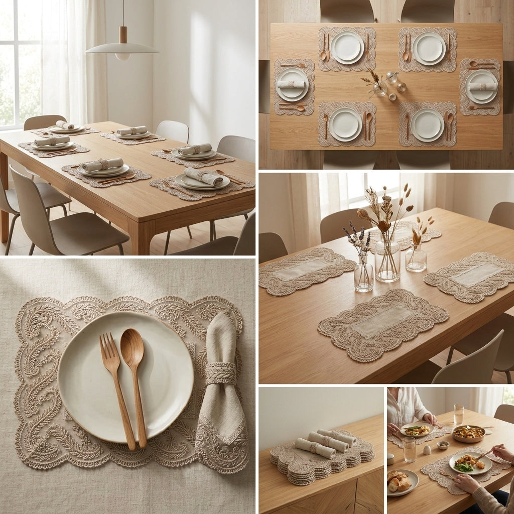 Luxury Embroidered Linen Table Mats – Set of 6 Product Code:- 55B100RKEH
