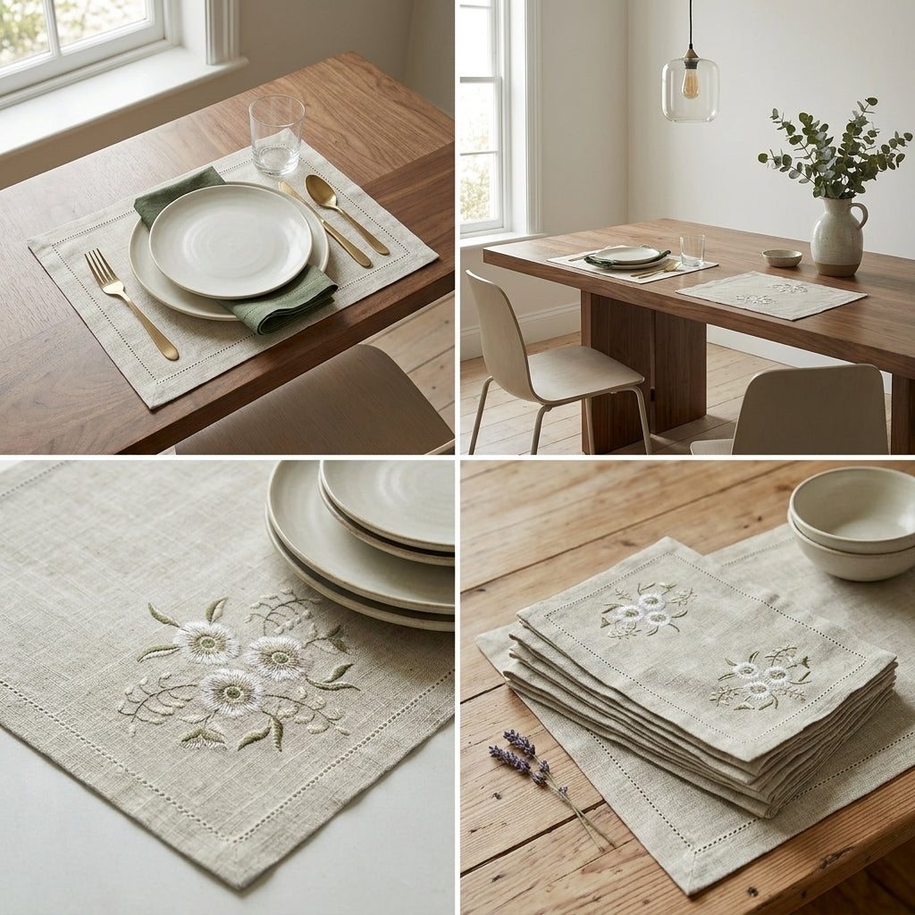 Luxury Embroidered Linen Table Mats – Set of 6