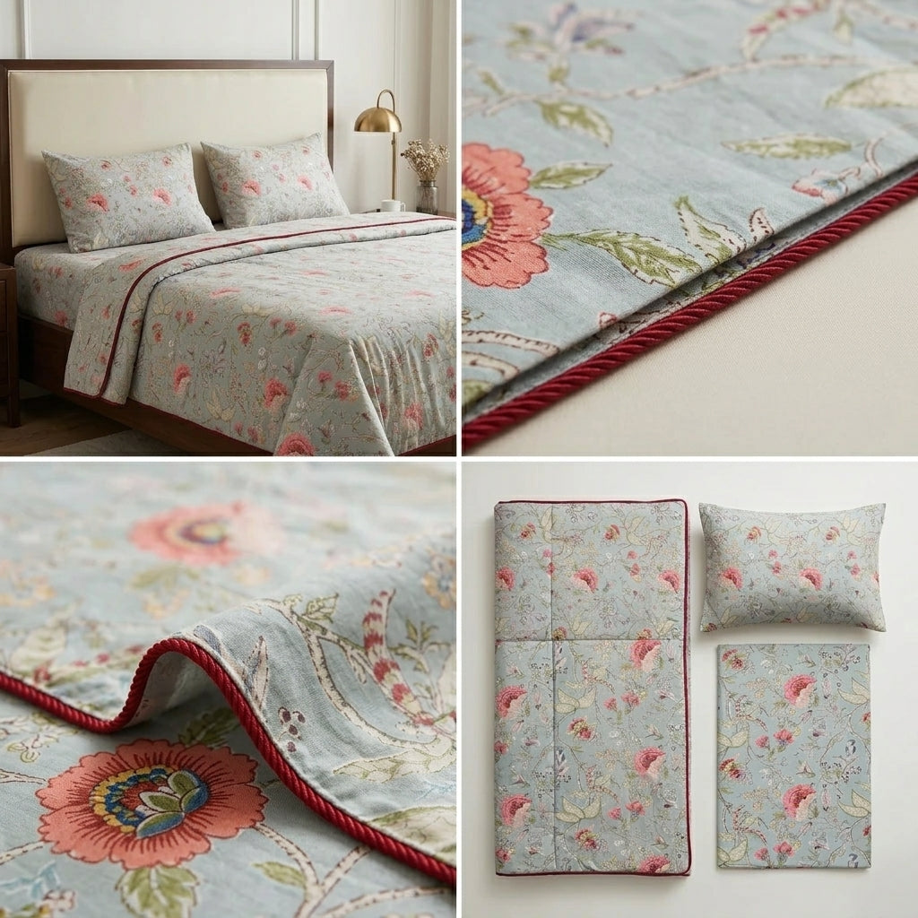 4 Pc Vintage Floral Dohar Set with Bedsheet & Pillow Covers Product Code :- 55B199RKEH