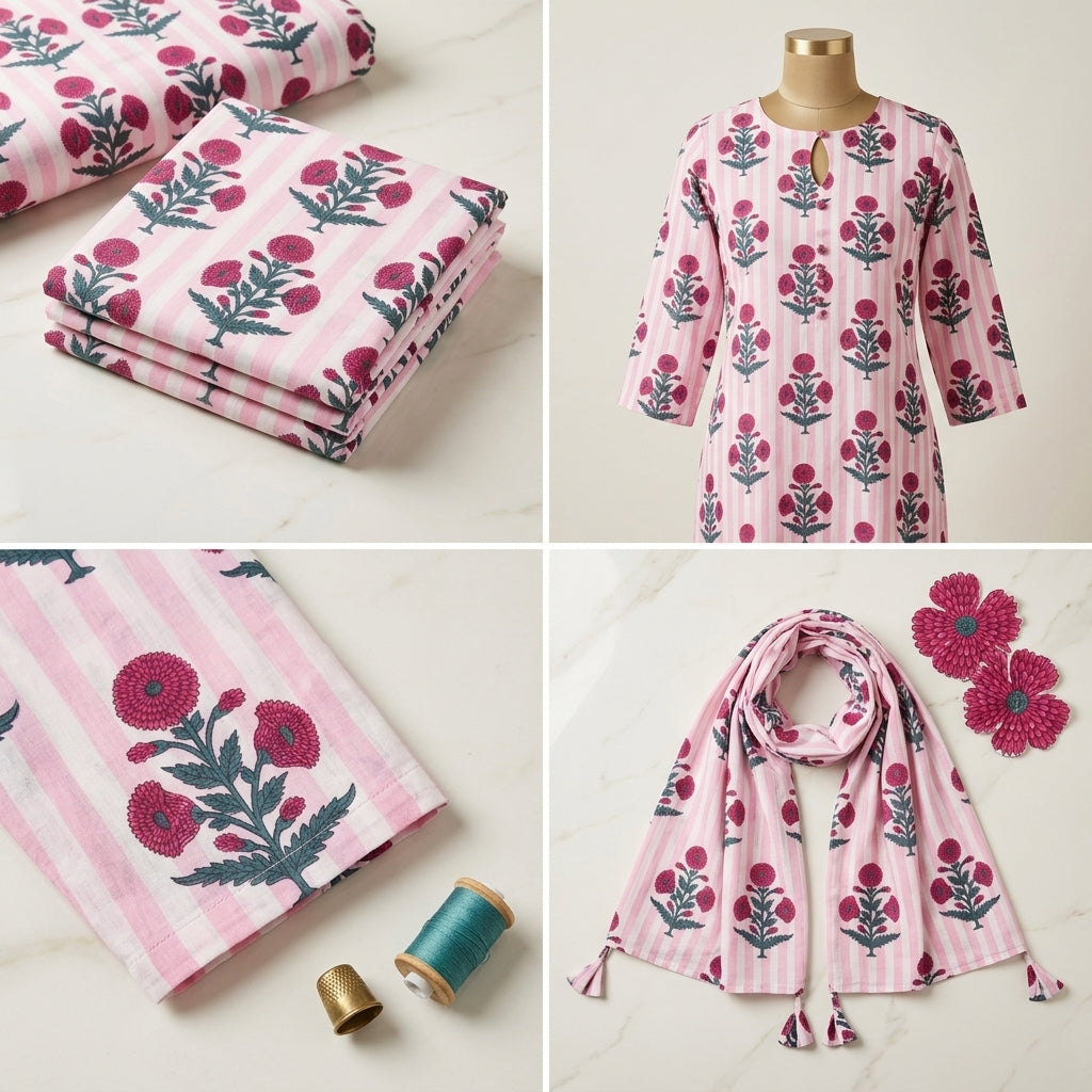 Surkh Bahar Baby Pink Cotton Fabric 🌹
