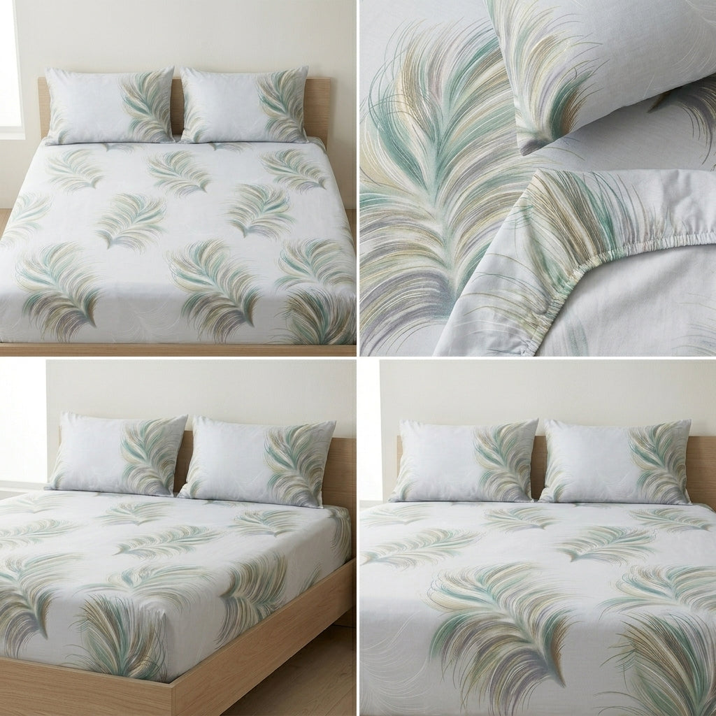 Pure Cotton Printed Fitted Bedsheet Set with 2 Pillow Covers