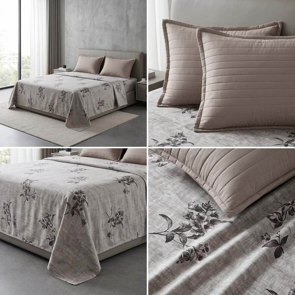 Floral Printed King Size Bedsheet with 2 Quilted Pillow Covers (108 x 108 Inches)