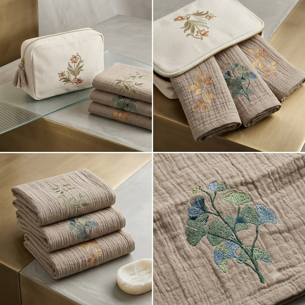 3-Piece Embroidered Organic Cotton  Hand Towel Set with Pouch | Floral Bathroom & Vanity Towel Gift Set