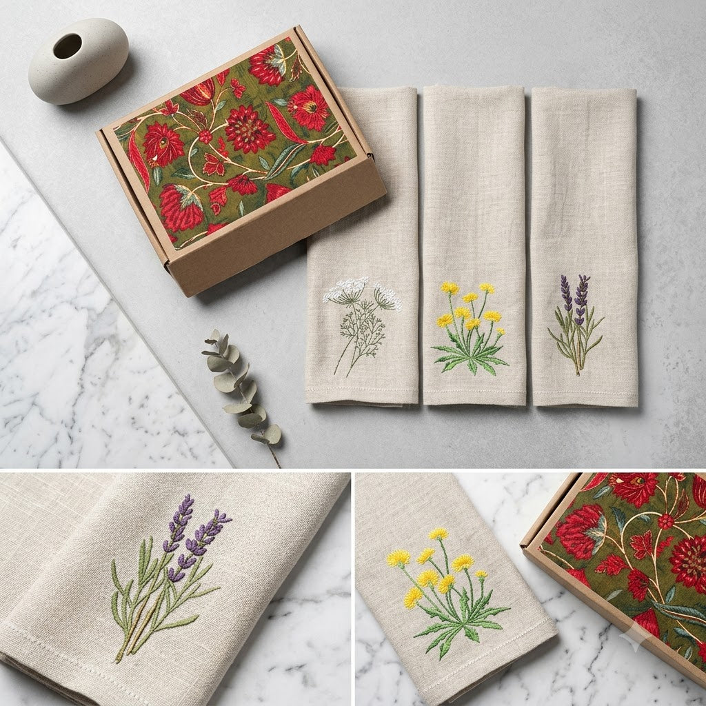 3-Piece Embroidered Floral Hand Towel Set Organic Cotton | Decorative Bathroom & Gift Towel Pack