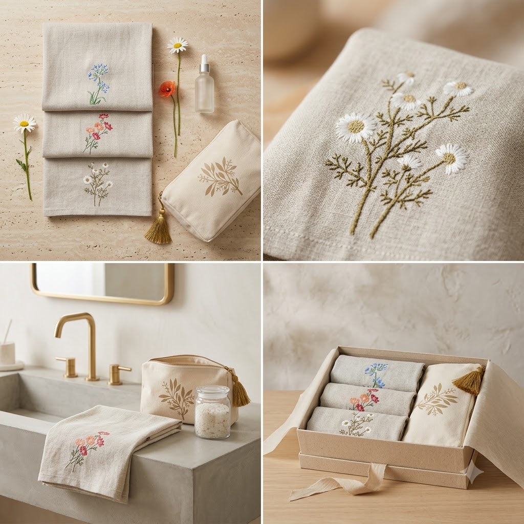 3-Piece Embroidered Floral Hand Towel Set Organic Cotton  | Elegant Bathroom & Vanity Towel Set