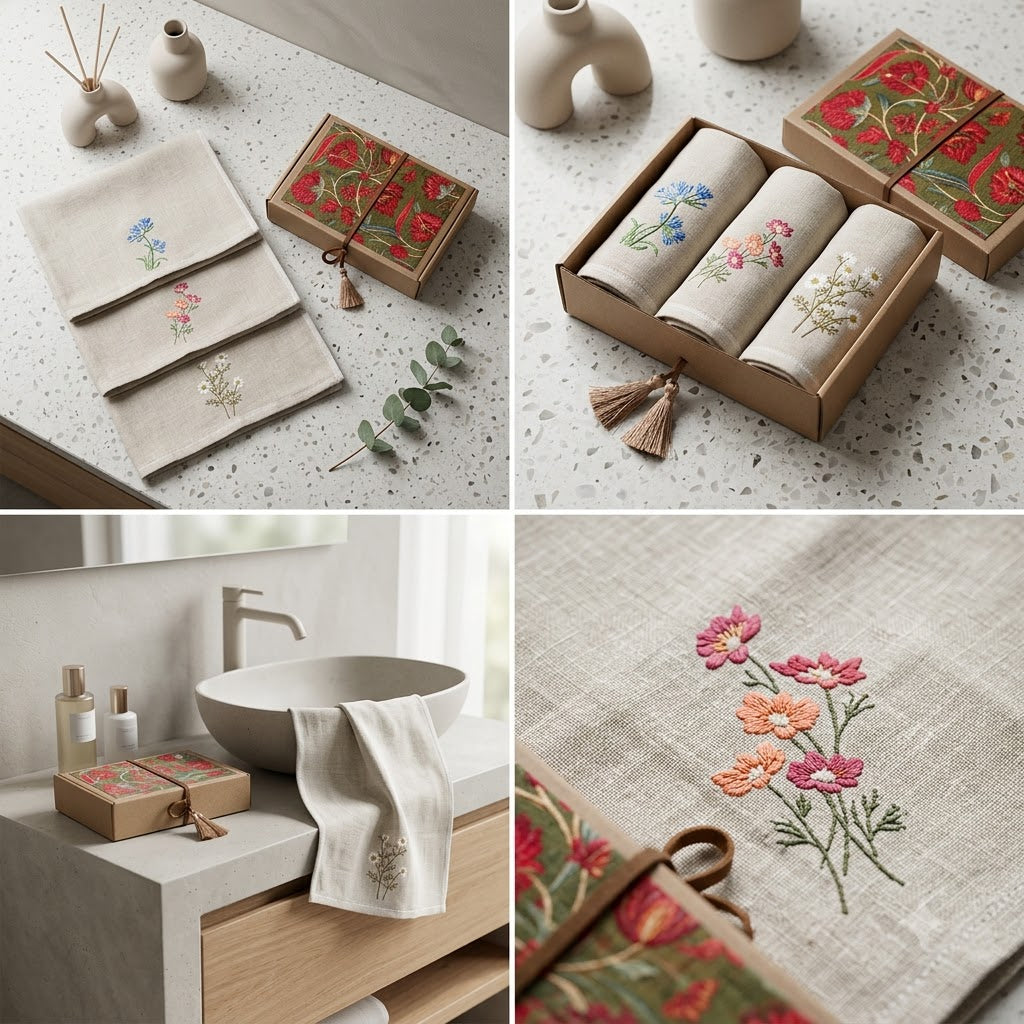 3-Piece Embroidered Floral Hand Towel Set Organic Cotton | Decorative Bathroom & Gift Towel Pack