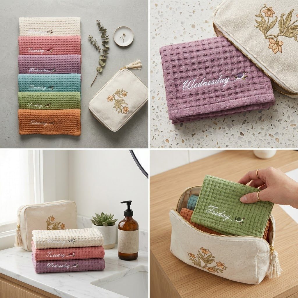 6 Days of the Week Embroidered Waffle Hand Towel Set | Monday to Saturday | Set of 6 pcs