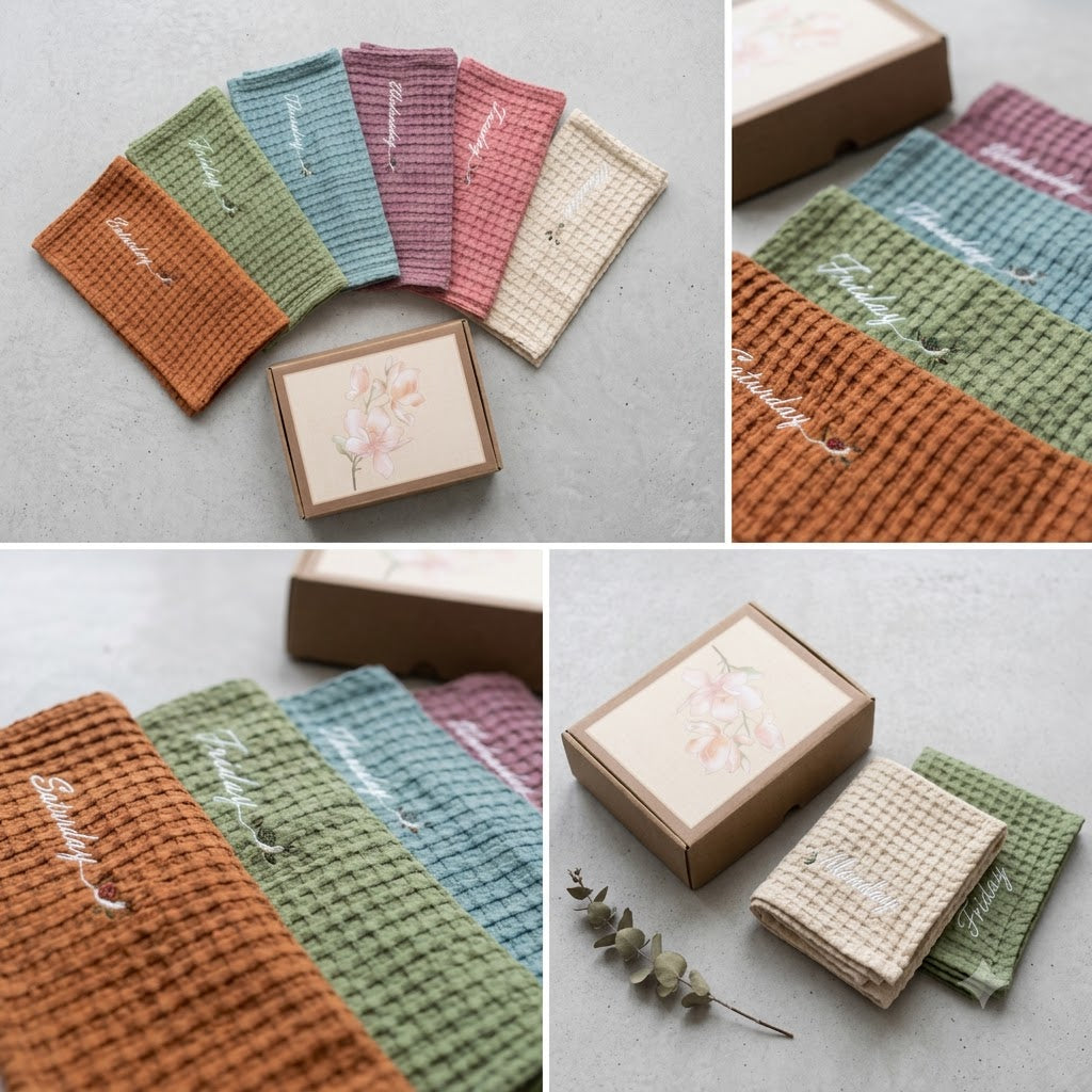 6 Days of the Week Embroidered Waffle Hand Towel Set | Monday to Saturday | Set of 6 pcs