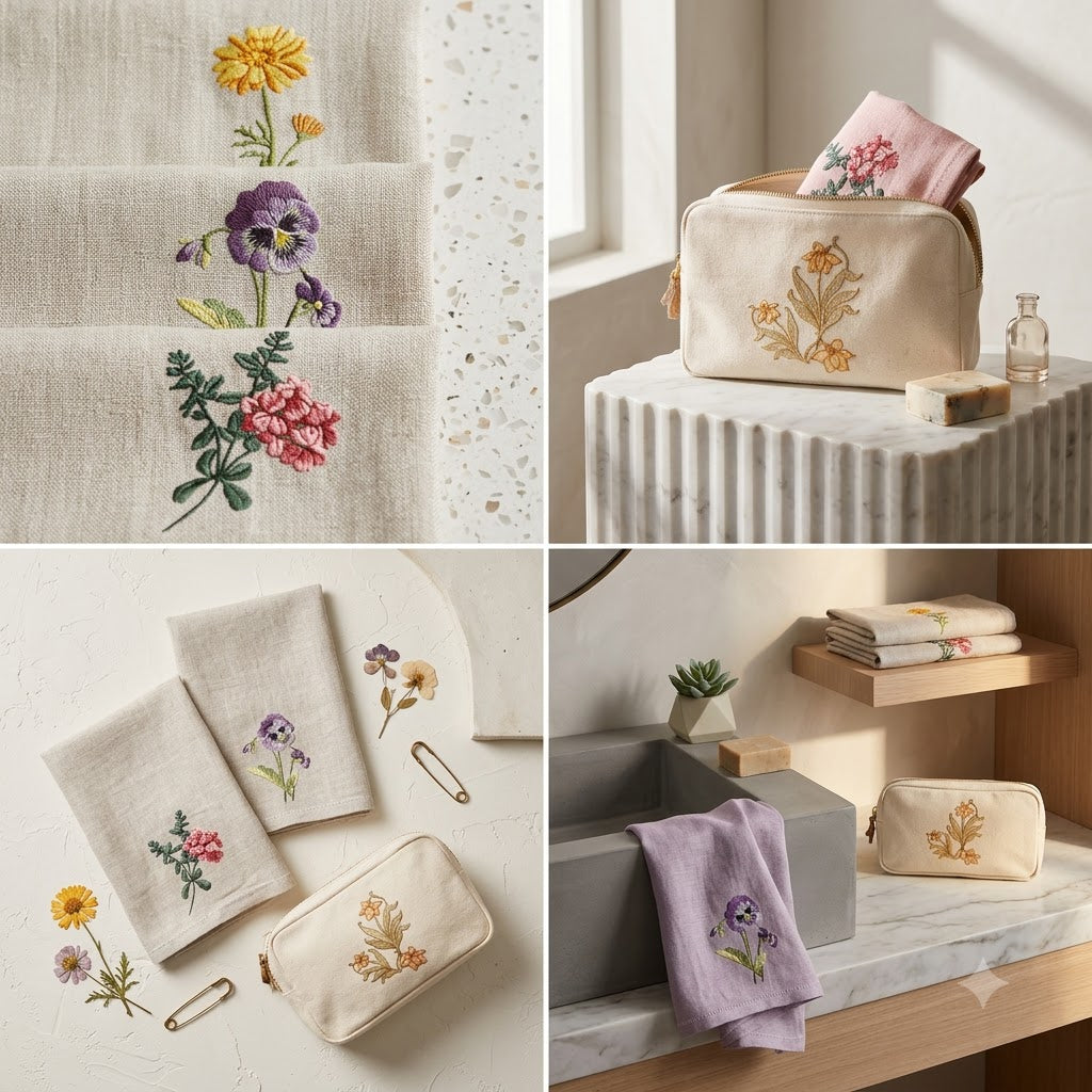 3-Piece Embroidered Floral Hand Towel Set Organic Cotton | Decorative Bathroom Towel Gift Set