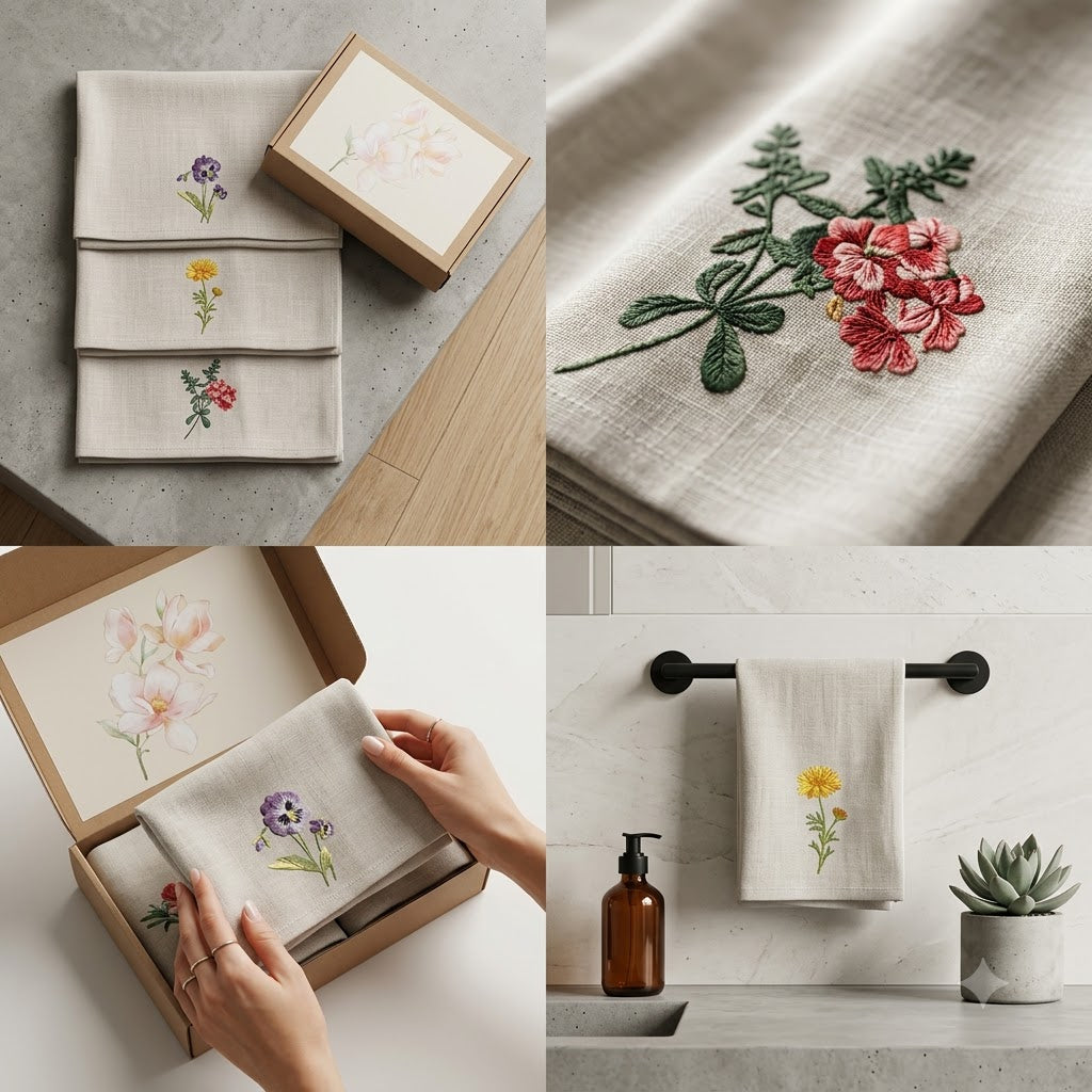 3-Piece Embroidered Floral Hand Towel Set Organic Cotton | Decorative Bathroom Towel Gift Set