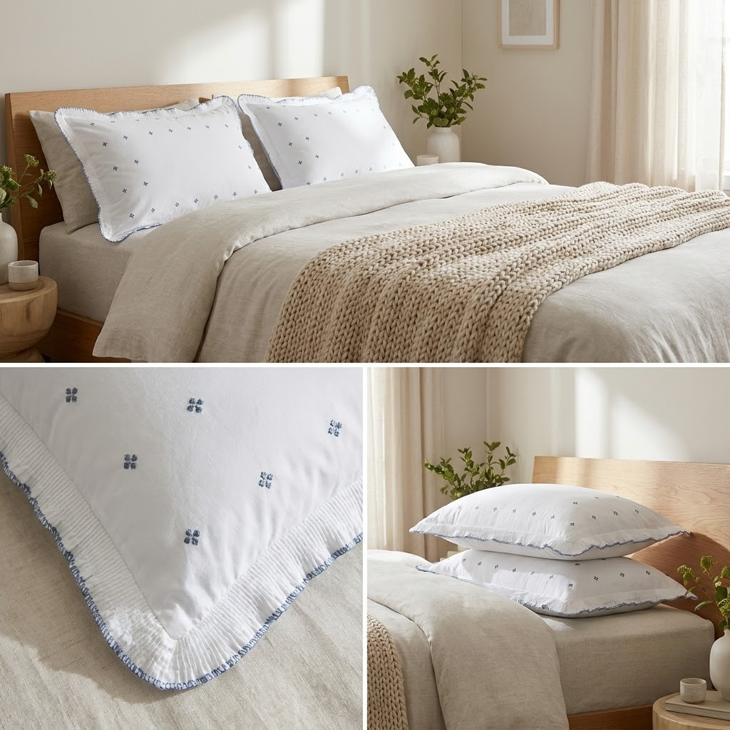 Luxury Embroidered Frill Pillow Cover Pair – Premium Floral Collection