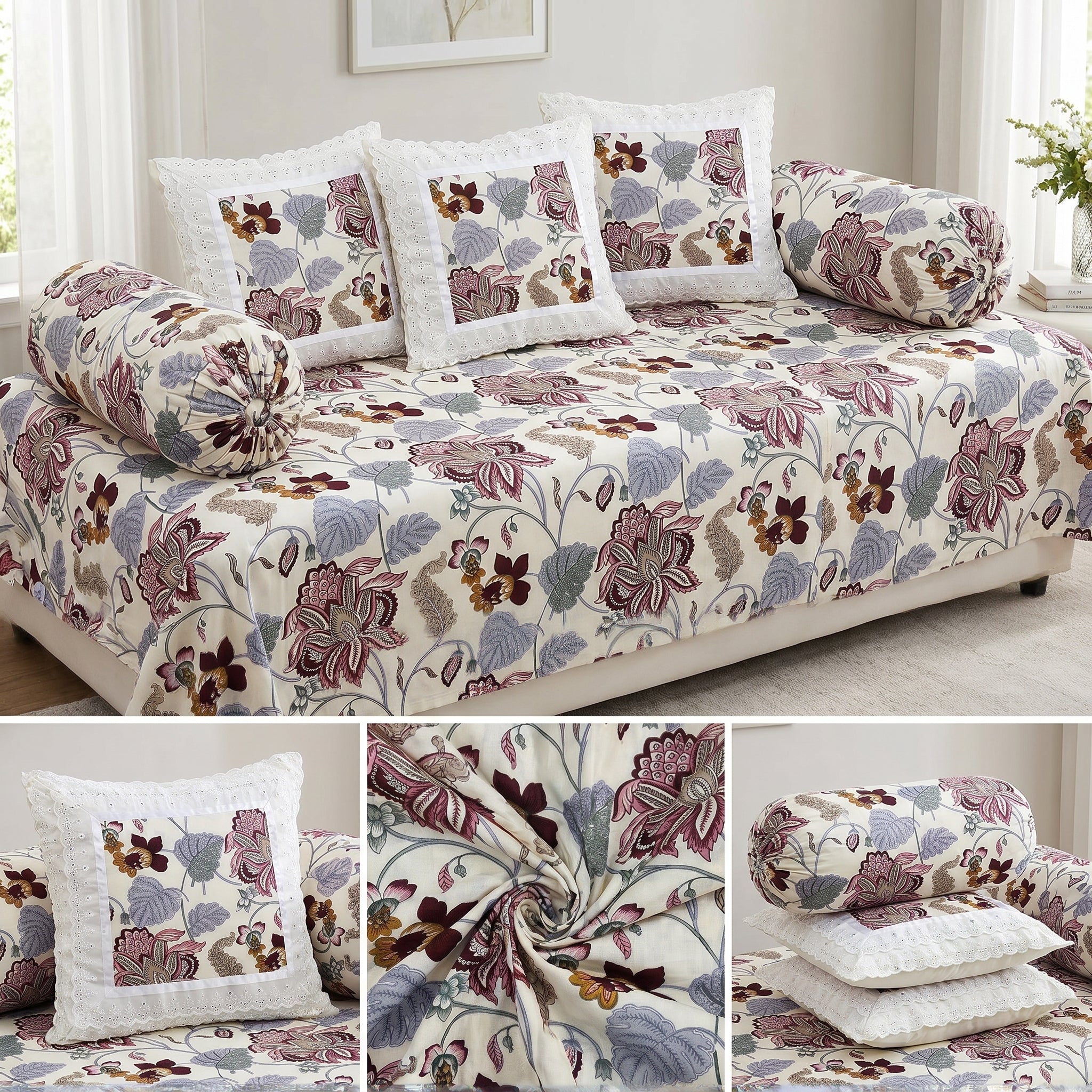 🌸 Elegant Floral Diwan Set – 8 Piece Collection