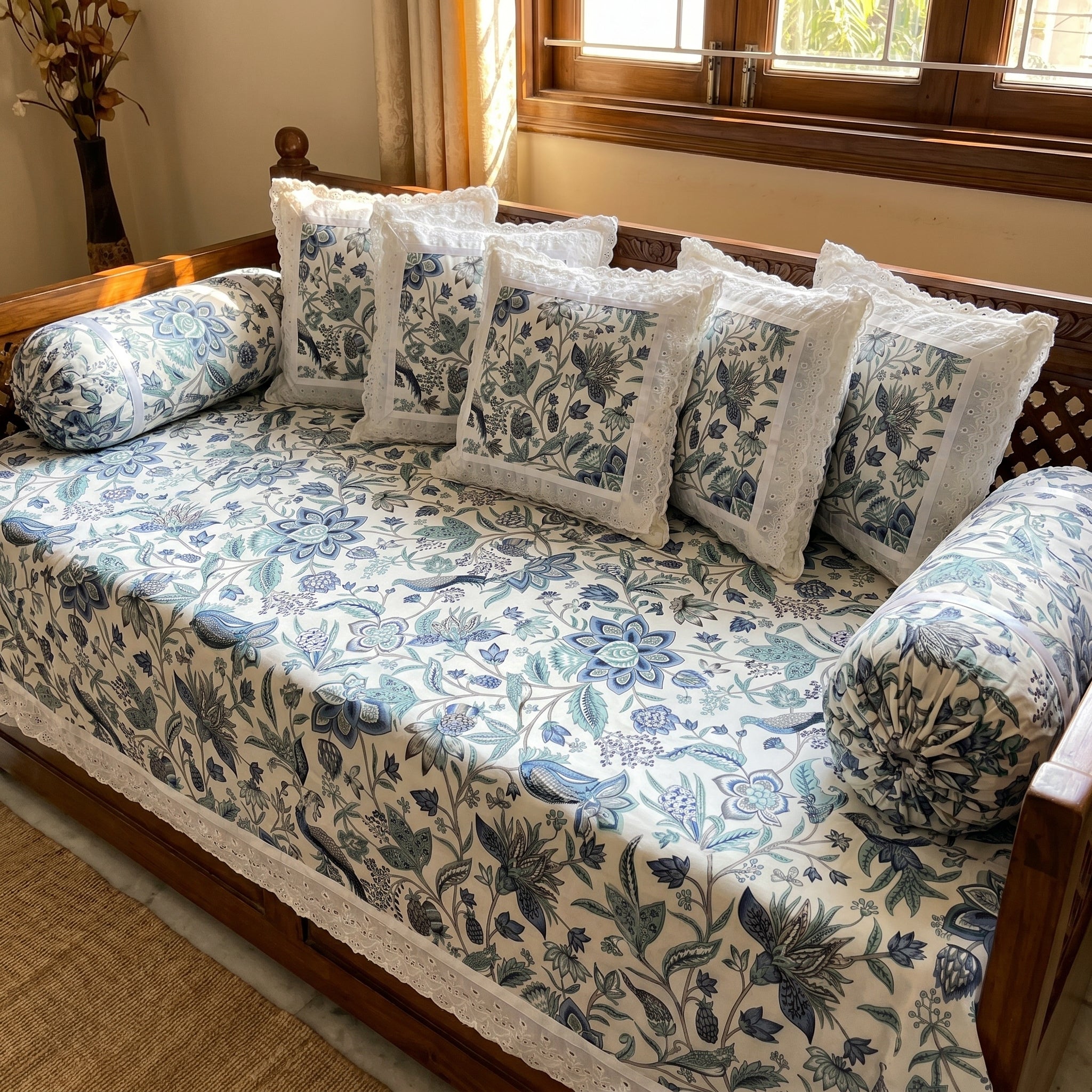 🌸 Elegant Floral Diwan Set – 8 Piece Collection