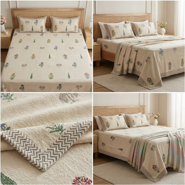 Khadi / Slub Cotton King Size Bedcover Set (with 2 Pillow Covers)