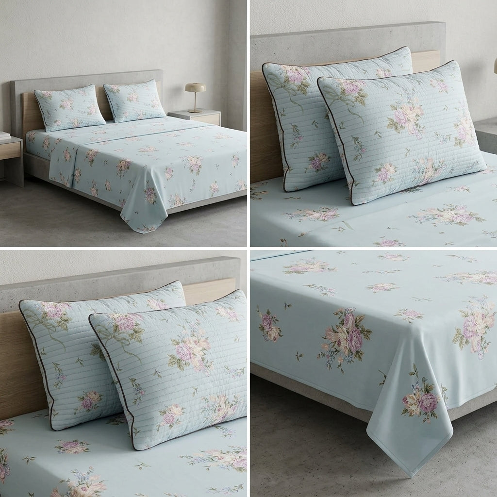 British Rose 100% Pure Cotton Bedsheet with Quilted Pillow Covers