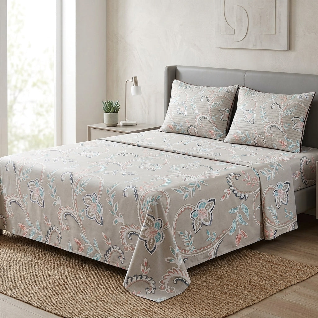 British Rose 100% Pure Cotton Bedsheet with Quilted Pillow Covers