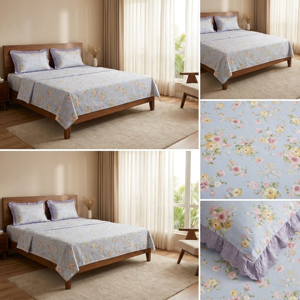 Pure Cotton Bedsheet With Chicken Lace Pillow Covers 108 x 108 inch