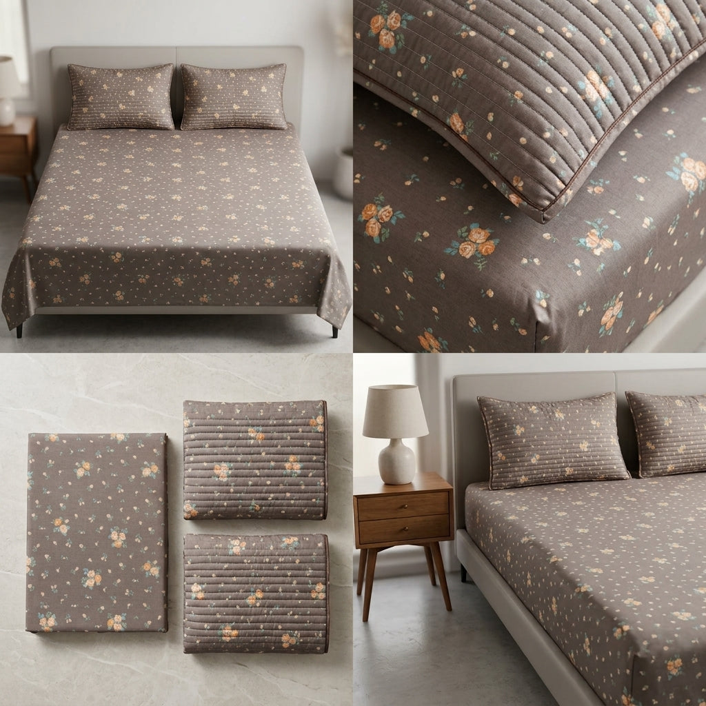 British Rose 100% Pure Cotton Bedsheet with Quilted Pillow Covers
