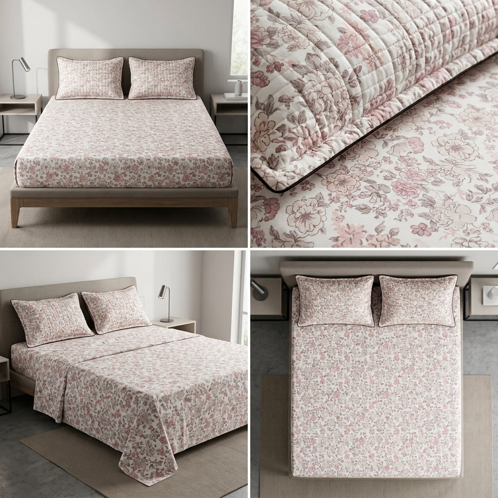 British Rose 100% Pure Cotton Bedsheet with Quilted Pillow Covers