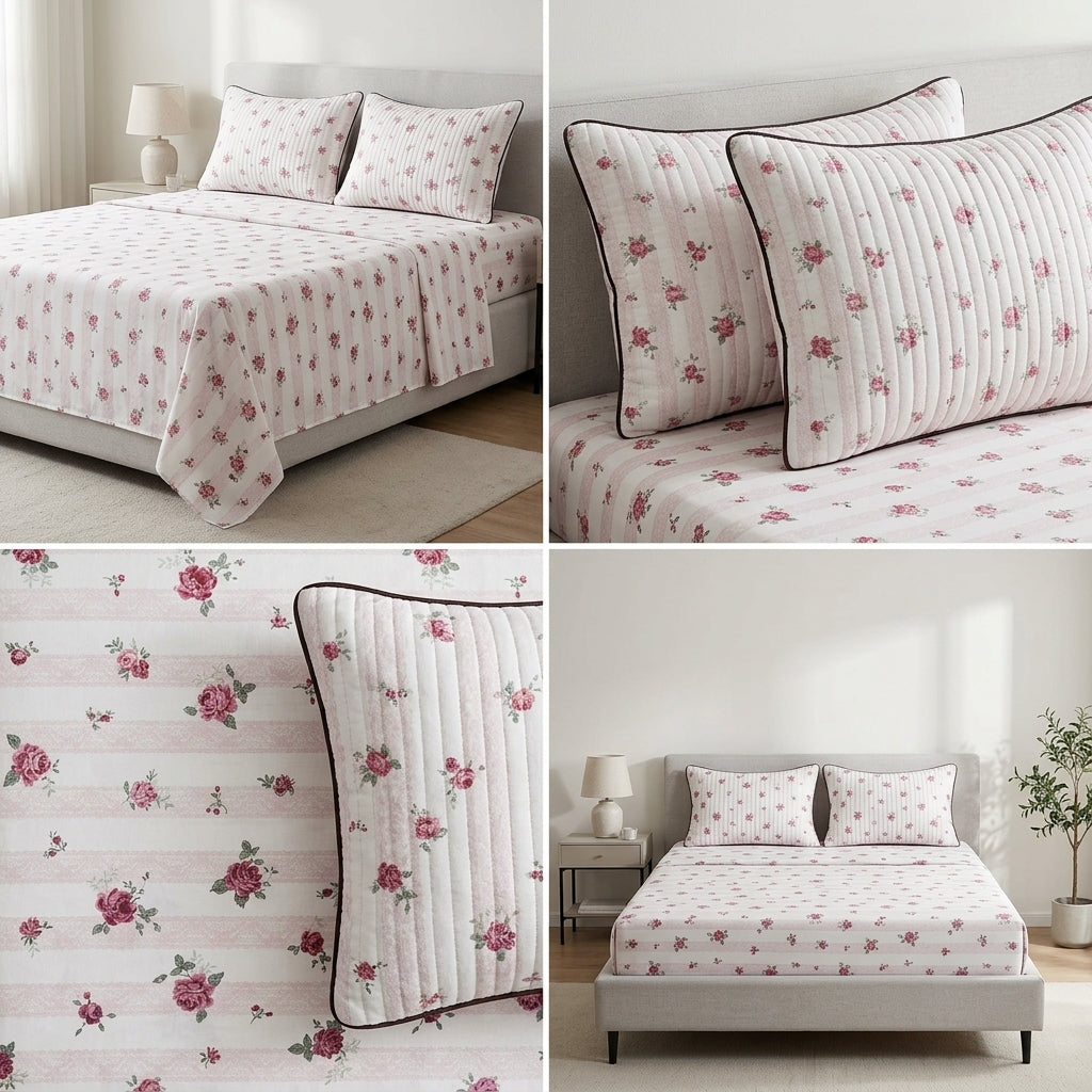 British Rose 100% Pure Cotton Bedsheet with Quilted Pillow Covers