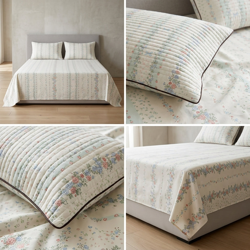 British Rose 100% Pure Cotton Bedsheet with Quilted Pillow Covers