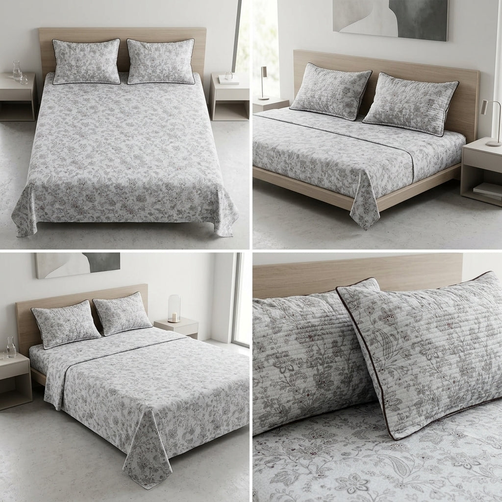 British Rose 100% Pure Cotton Bedsheet with Quilted Pillow Covers